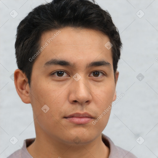 Neutral asian young-adult male with short  brown hair and brown eyes