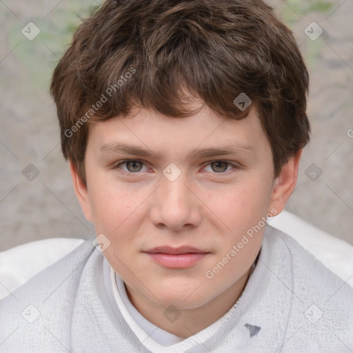 Joyful white child male with short  brown hair and brown eyes