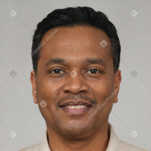 Joyful latino adult male with short  black hair and brown eyes