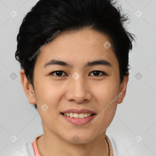 Joyful asian young-adult female with short  brown hair and brown eyes