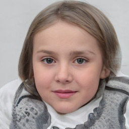 Joyful white child female with medium  brown hair and blue eyes