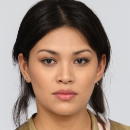 Neutral asian young-adult female with medium  brown hair and brown eyes