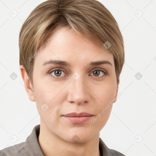 Neutral white young-adult female with short  brown hair and grey eyes