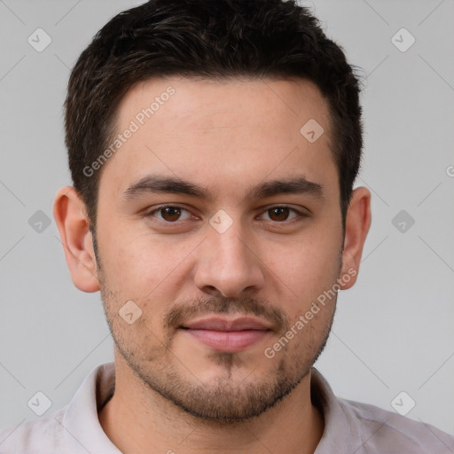 Neutral white young-adult male with short  brown hair and brown eyes