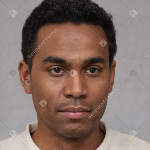 Neutral latino young-adult male with short  black hair and brown eyes