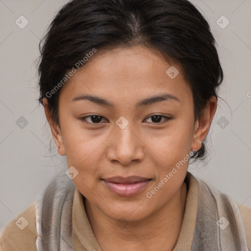 Joyful asian young-adult female with medium  brown hair and brown eyes