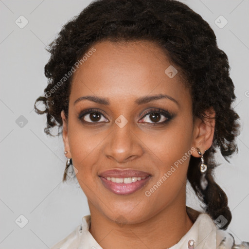 Joyful black young-adult female with medium  brown hair and brown eyes