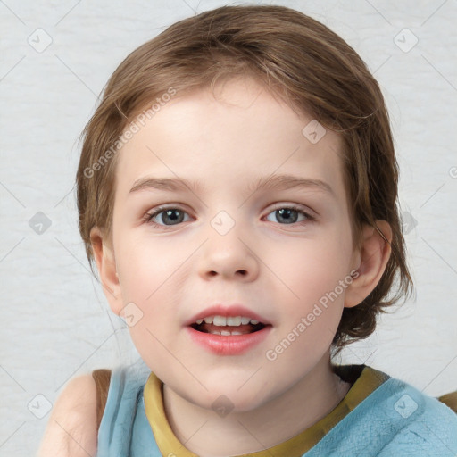 Joyful white child female with medium  brown hair and blue eyes