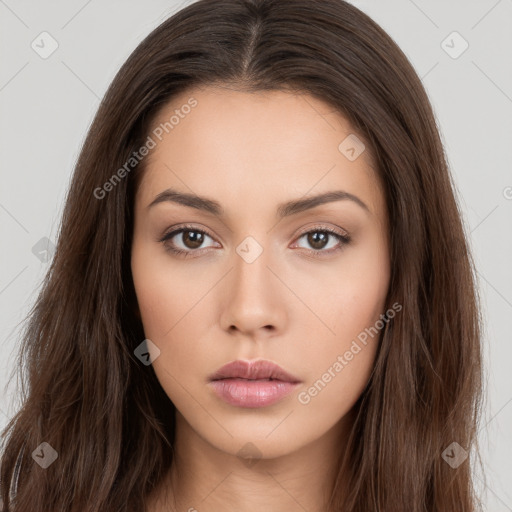 Neutral white young-adult female with long  brown hair and brown eyes