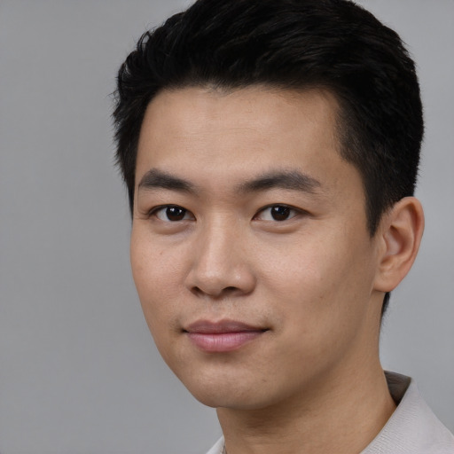 Neutral asian young-adult male with short  black hair and brown eyes