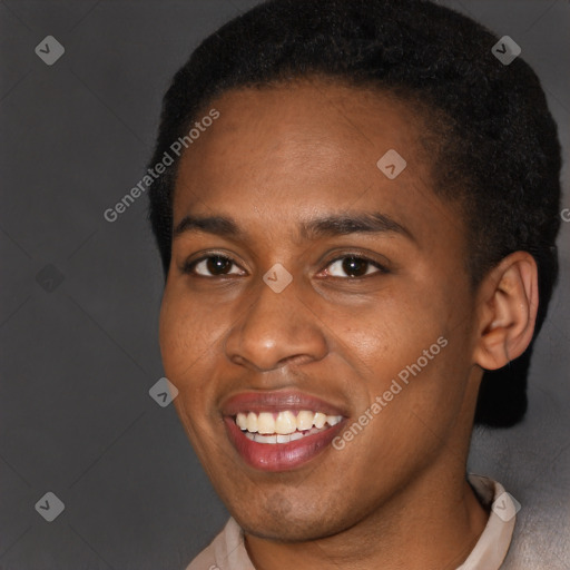 Joyful black young-adult male with short  brown hair and brown eyes