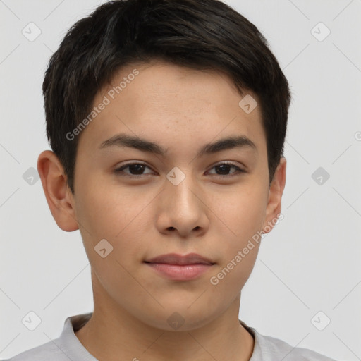 Neutral asian young-adult male with short  brown hair and brown eyes