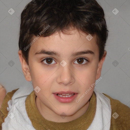 Joyful white child male with short  brown hair and brown eyes