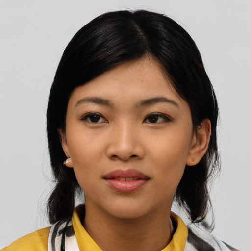 Neutral asian young-adult female with medium  black hair and brown eyes