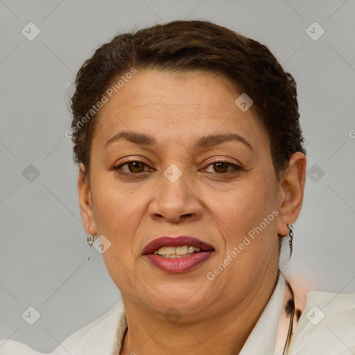 Joyful white adult female with short  brown hair and brown eyes