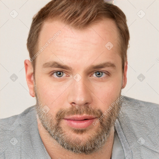Neutral white young-adult male with short  brown hair and grey eyes