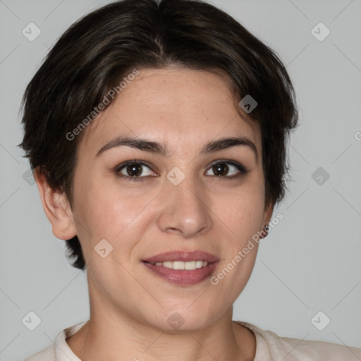 Joyful white young-adult female with medium  brown hair and brown eyes