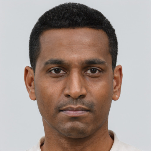 Neutral black young-adult male with short  black hair and brown eyes