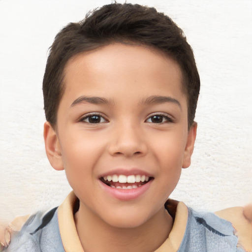 Joyful white child female with short  brown hair and brown eyes