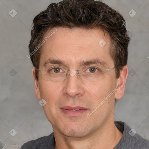 Joyful white adult male with short  brown hair and grey eyes