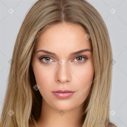 Neutral white young-adult female with long  brown hair and brown eyes