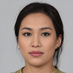 Neutral asian young-adult female with medium  brown hair and brown eyes