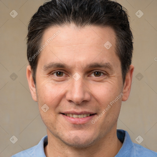 Joyful white adult male with short  brown hair and brown eyes