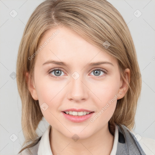 Joyful white young-adult female with medium  brown hair and blue eyes