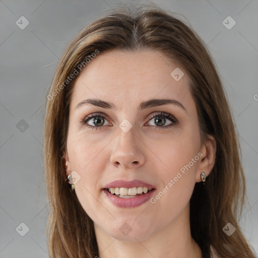 Joyful white young-adult female with medium  brown hair and brown eyes