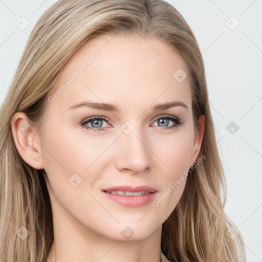 Joyful white young-adult female with long  brown hair and blue eyes