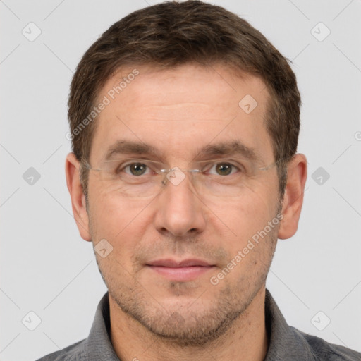 Neutral white adult male with short  brown hair and brown eyes