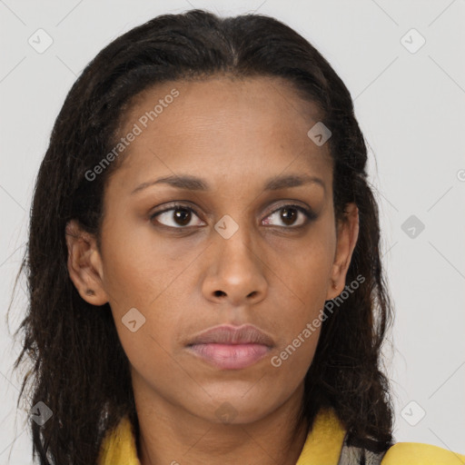 Neutral black young-adult female with long  brown hair and brown eyes