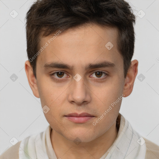 Neutral white young-adult male with short  brown hair and brown eyes