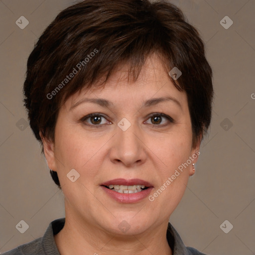 Joyful white adult female with short  brown hair and brown eyes