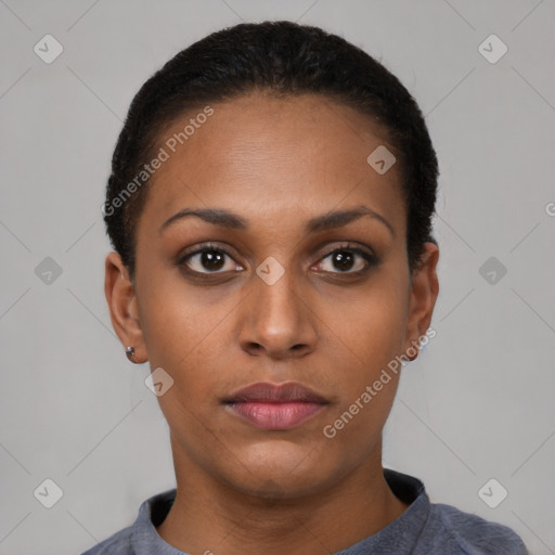 Neutral black young-adult female with short  brown hair and brown eyes