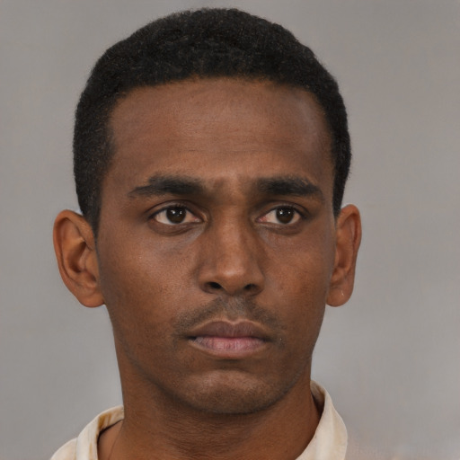 Neutral black young-adult male with short  brown hair and brown eyes