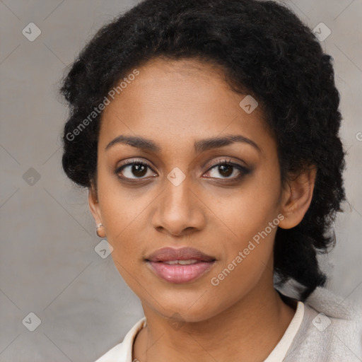 Neutral black young-adult female with short  black hair and brown eyes