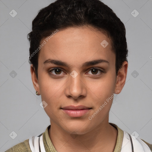 Joyful white young-adult female with short  brown hair and brown eyes