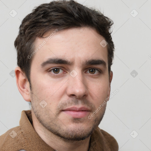 Neutral white young-adult male with short  brown hair and grey eyes