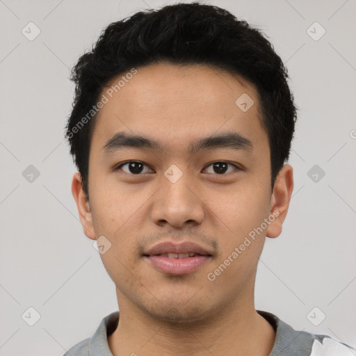 Neutral asian young-adult male with short  black hair and brown eyes