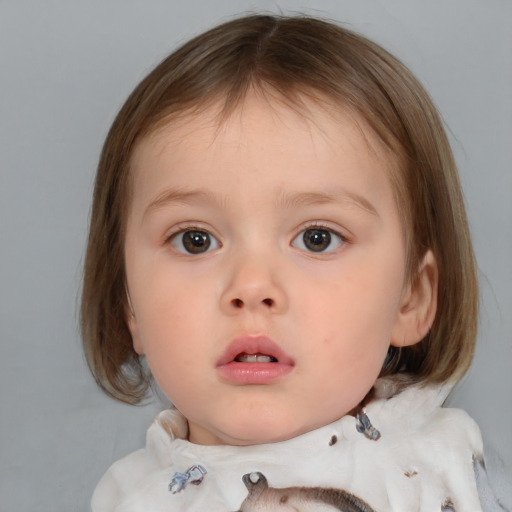 Neutral white child female with medium  brown hair and blue eyes