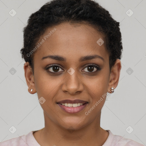 Joyful black young-adult female with short  brown hair and brown eyes