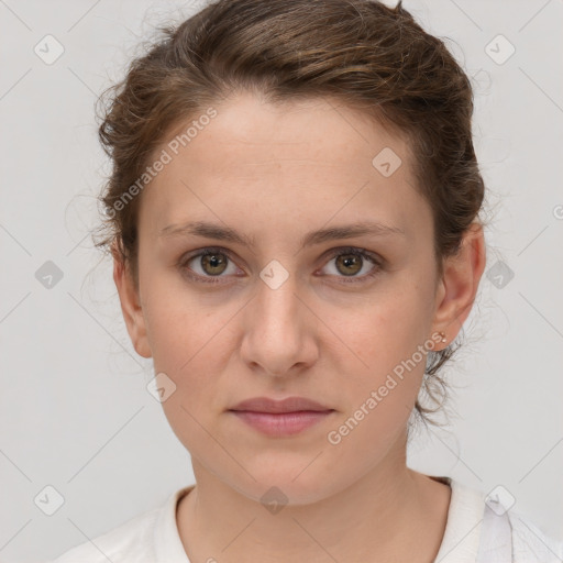 Neutral white young-adult female with short  brown hair and brown eyes