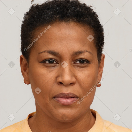 Joyful black adult female with short  brown hair and brown eyes