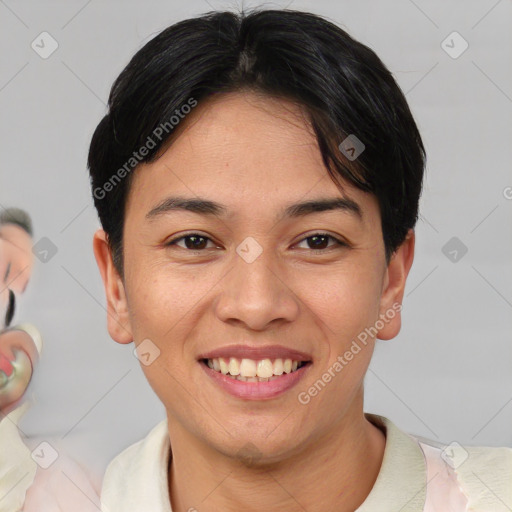 Joyful asian young-adult female with short  brown hair and brown eyes