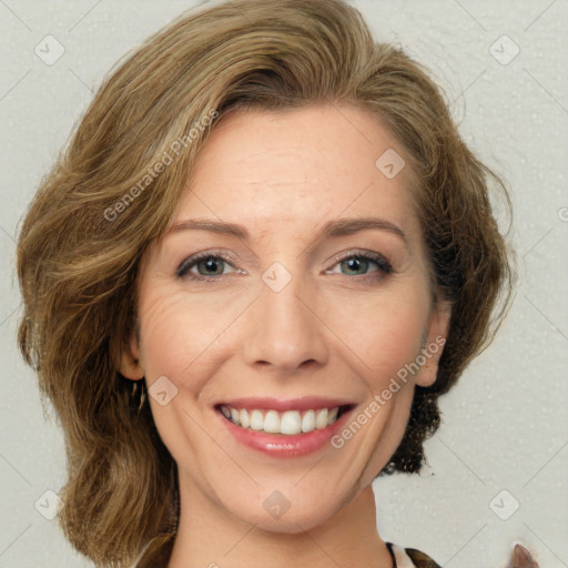 Joyful white young-adult female with medium  brown hair and green eyes