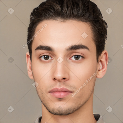 Neutral white young-adult male with short  brown hair and brown eyes