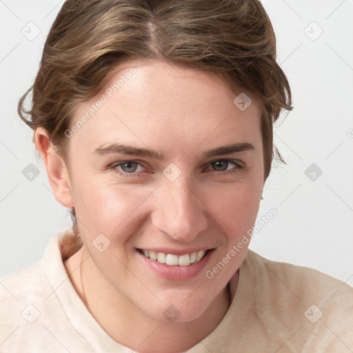 Joyful white young-adult female with medium  brown hair and blue eyes