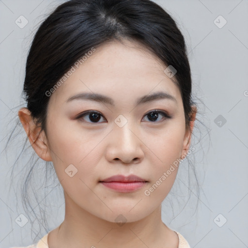 Neutral asian young-adult female with medium  brown hair and brown eyes