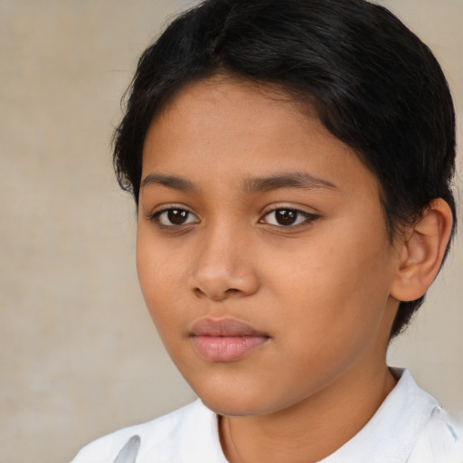 Neutral latino young-adult female with short  brown hair and brown eyes